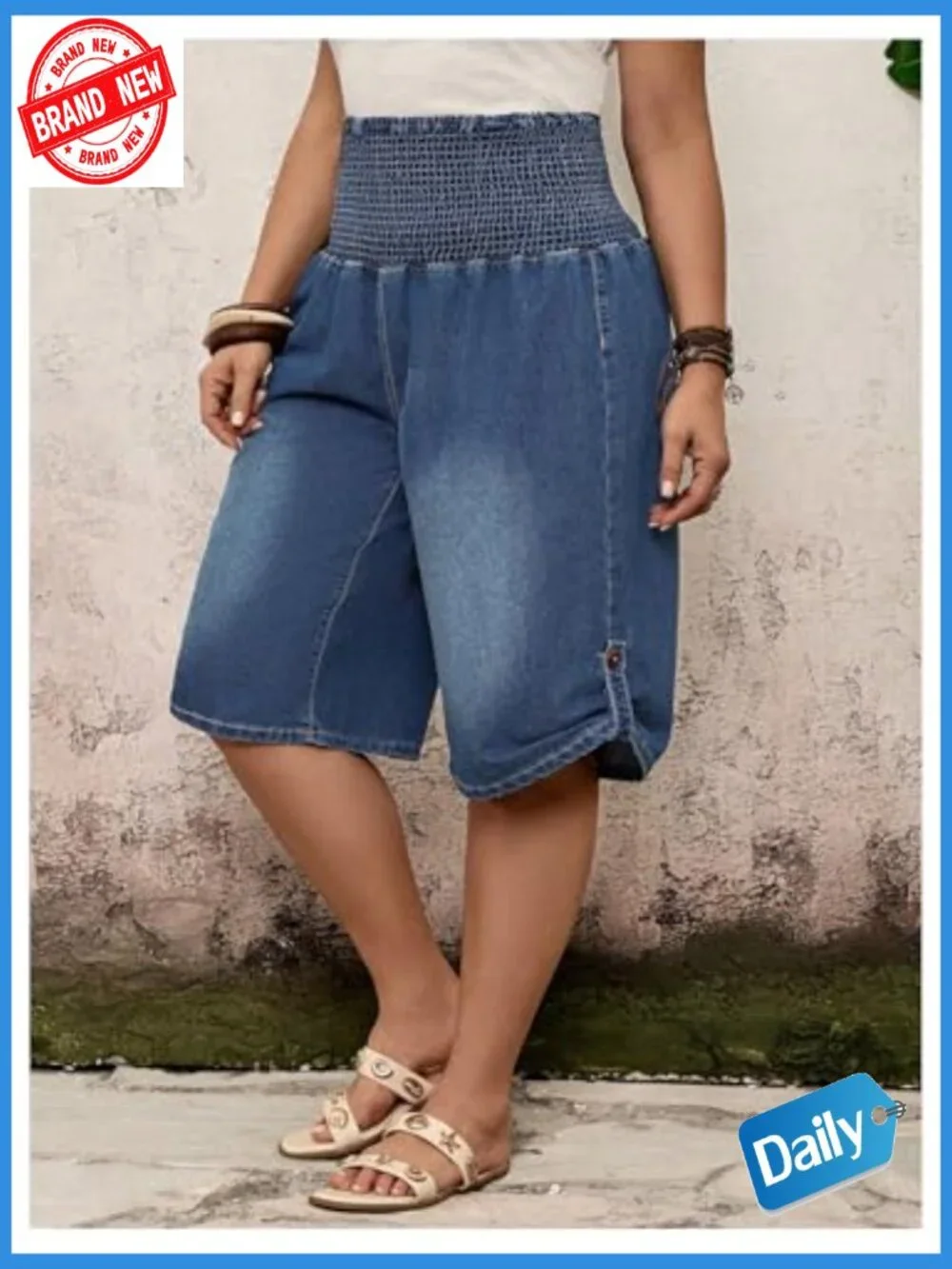 Plus Size Baggy Jean Shorts High Waisted Wide Leg Knee Length Casual Denim